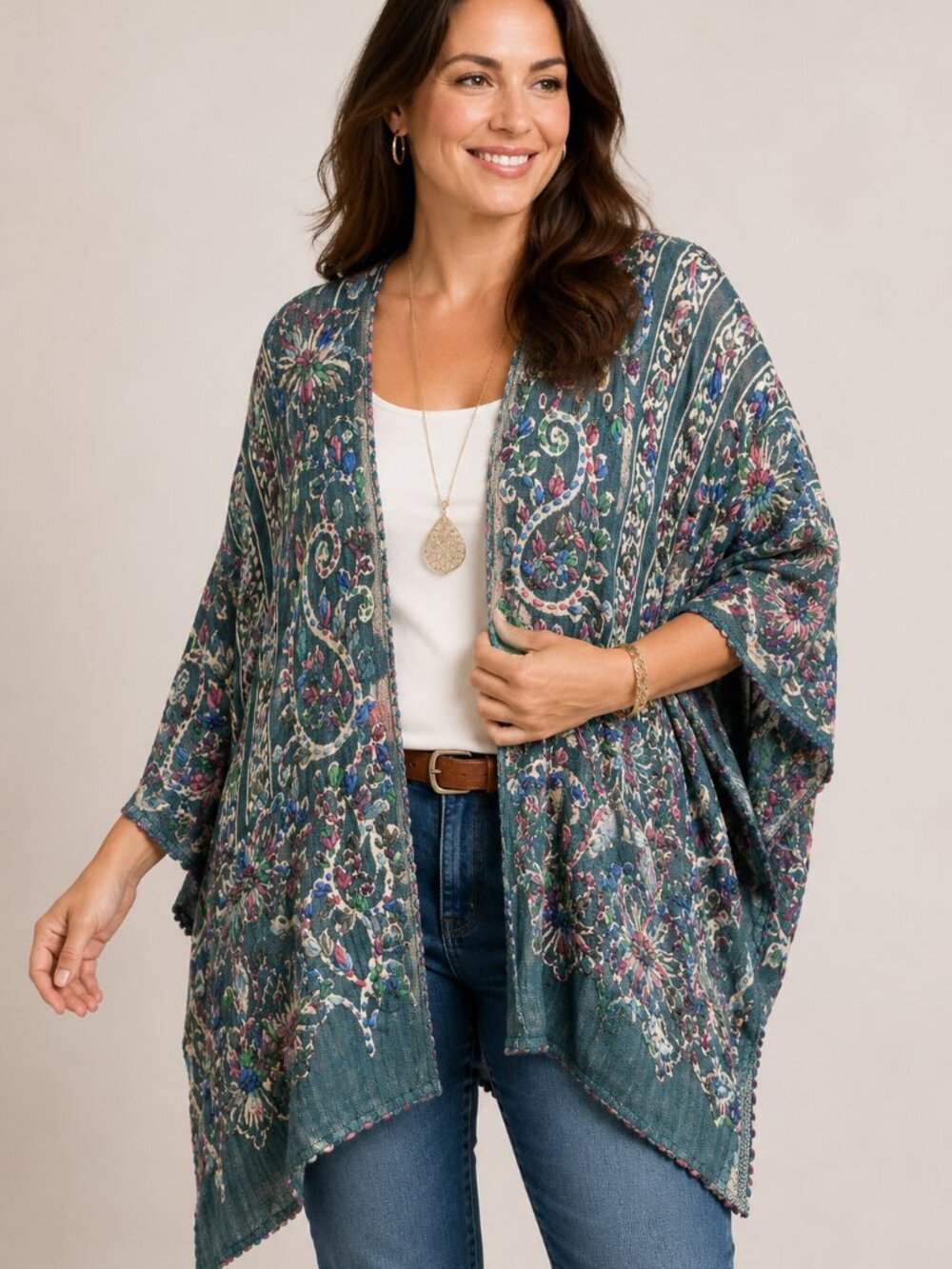 Soft Surroundings Embroidered Kimono Topper Lagenlook Boho Wool Blend Ruana OS